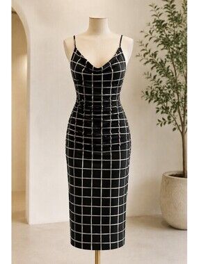 Ruby Women’s Size Small Black Cream Grid Ruched Cowl Neck Midi Dress NWT